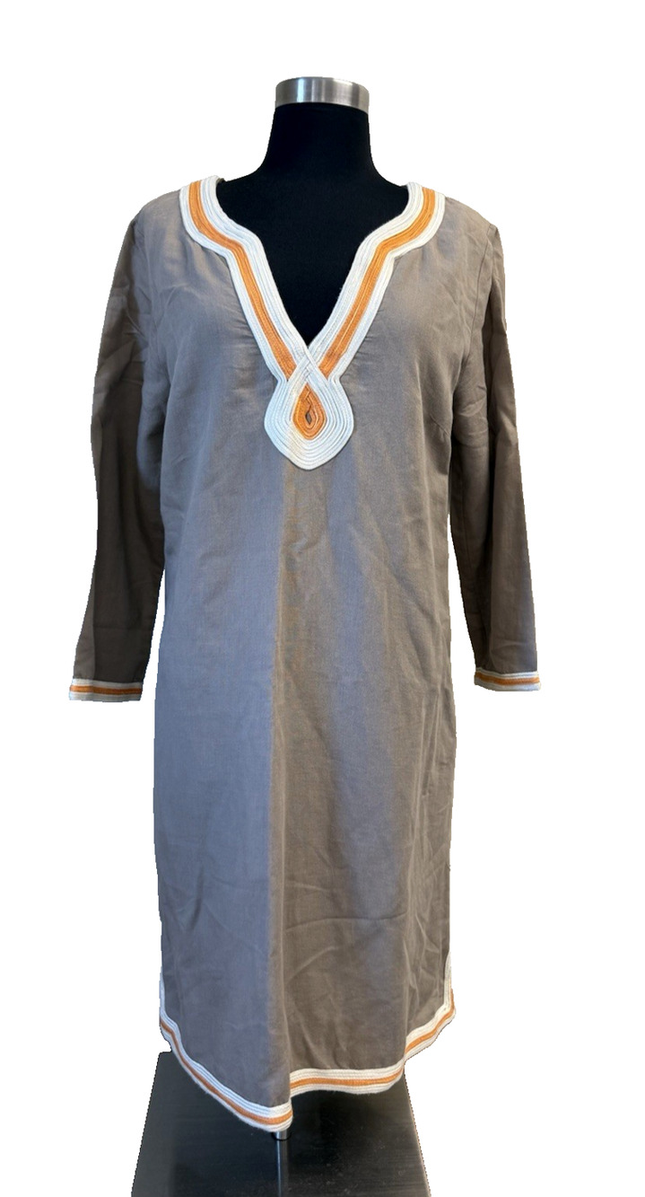 Lucky Brand Linen Cotton Boho Tunic Dress M Gray Orange Embroidered Trim